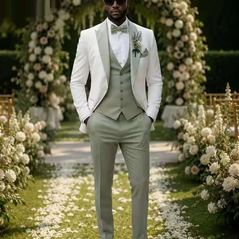 New Mint Green And White Men Suit Business Prom Wedding Party Formal Groom Groomsman Male Tuxedos 3 Piece Set Jacket Vest Pants