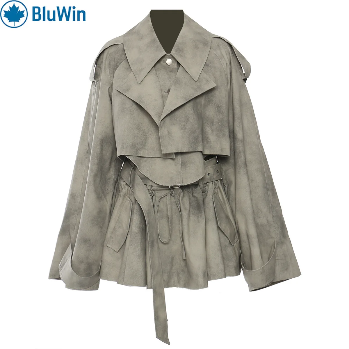 BluWin Camo Ink-Dye Trenchcoat und Rock-Set – Zweiteiliges Outfit mit Tintenwaschdruck für Damen