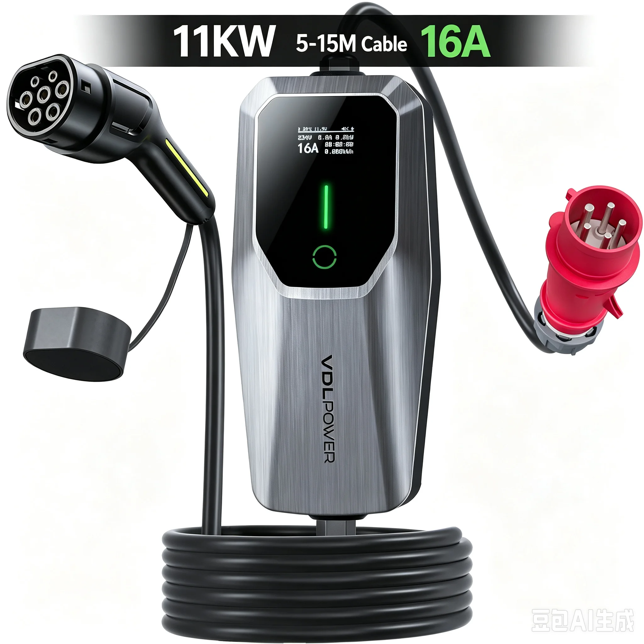 Cable de Carga VDL Tipo 2, 11 kW, Cargador para Vehículos Eléctricos Trifásico CEE 16A, 5m, 5m, 8m, 10m, 15m, Estación de Carga Móvil Wallbox, Corriente y Tiempo de Inicio Ajustables para Todos los Vehículos Eléctricos, EV, PHEV, IEC, Conector 62196-2