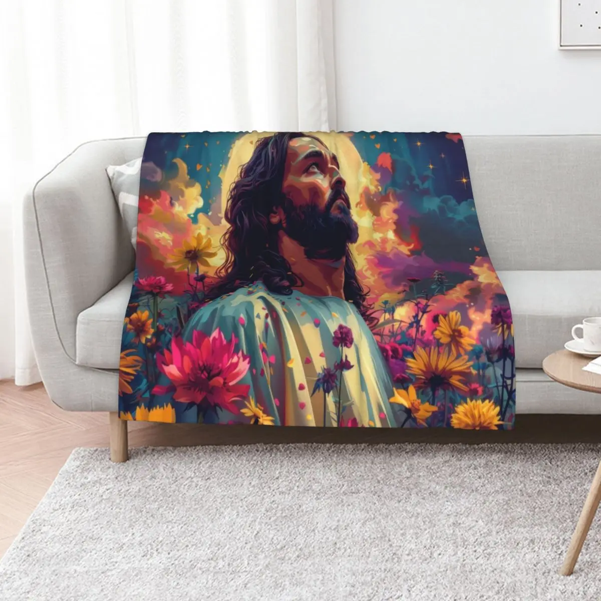 Jesus Sticker Christian Print Oil Painting Jesus Shirt Abstract Home Christian Wall Print Sunlit Jesus Series Throw Blanket