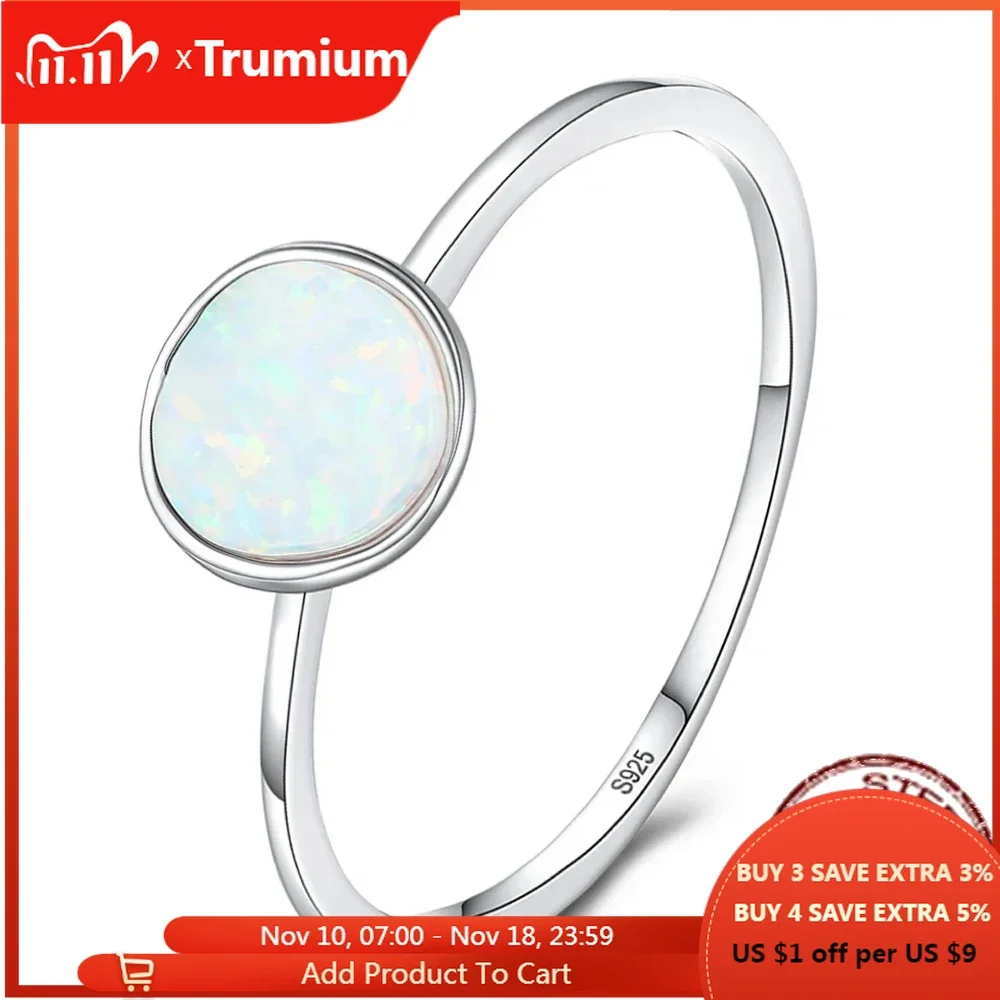 Trumium 925 Steriling silver Round Opal Stone Rings for Women Vintage Simple Ring Anniversary Wedding Gift Trendy Jewelry