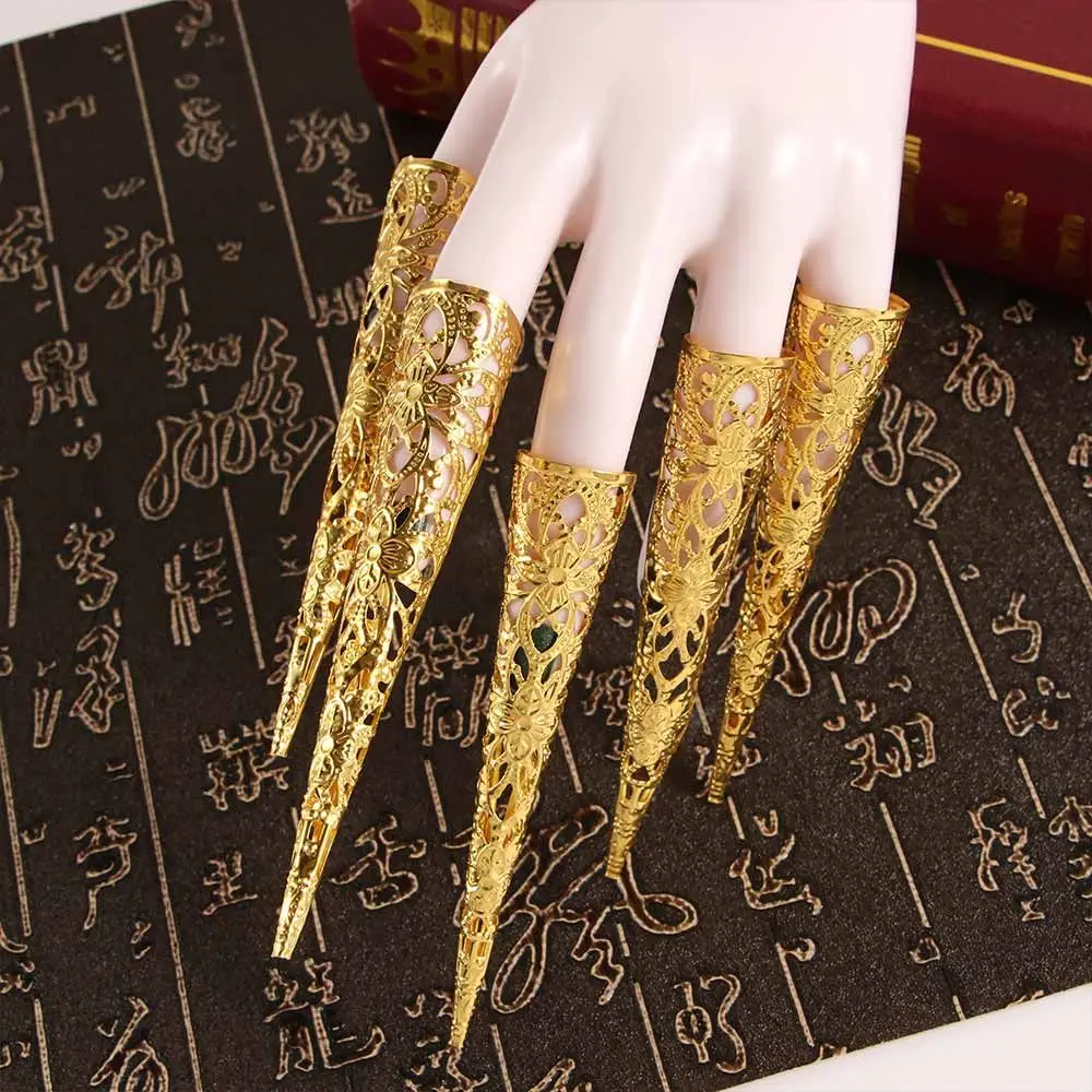 Floral Antique Style Hollow Costume Finger Tip Protection Nail Rings Set Knuckle Rings Belly Dance Accessories