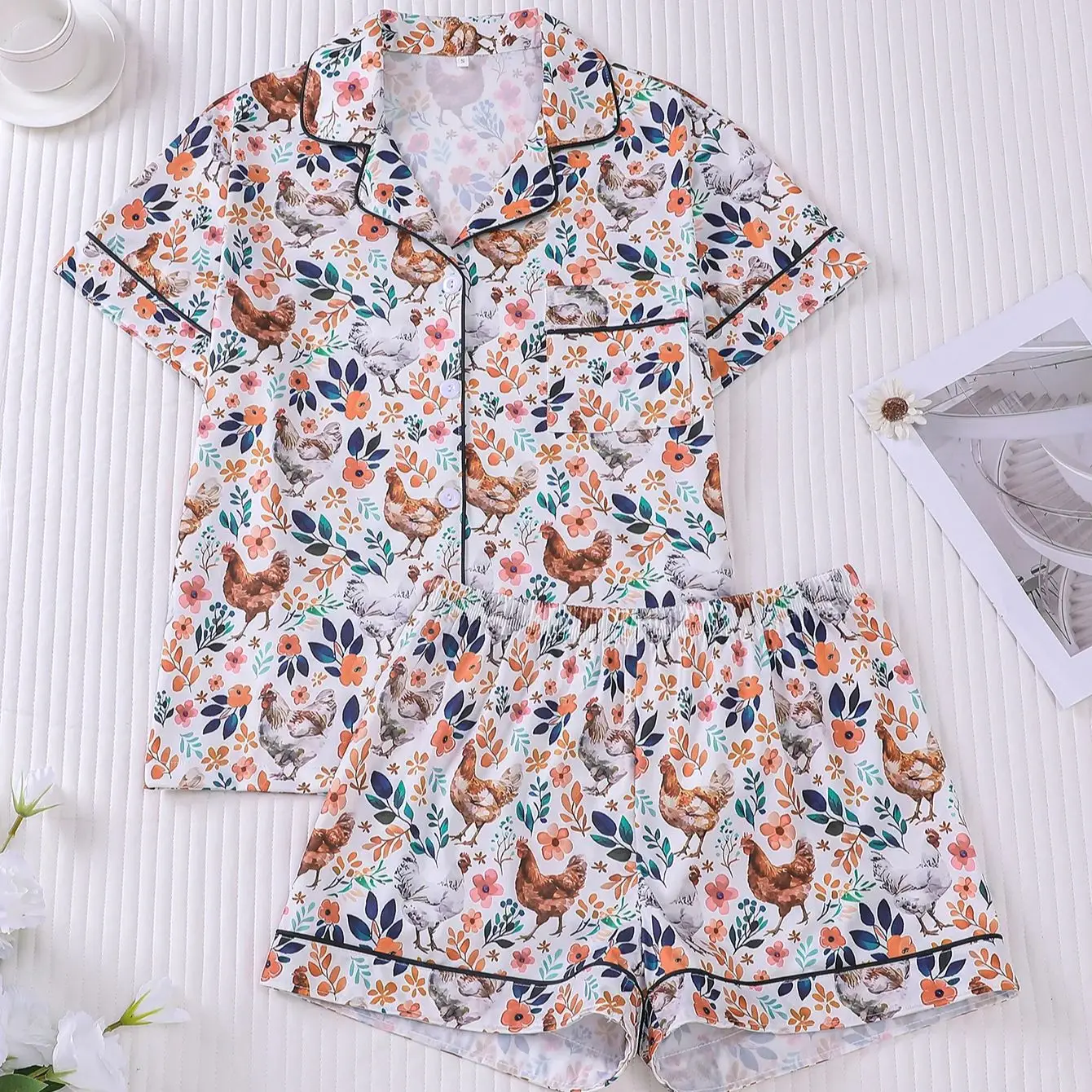 

Женский пижамный комплект с акварельным принтом, кардиган, шорты с короткими рукавами, мягкий и приятный для кожи, можно носить на улице.