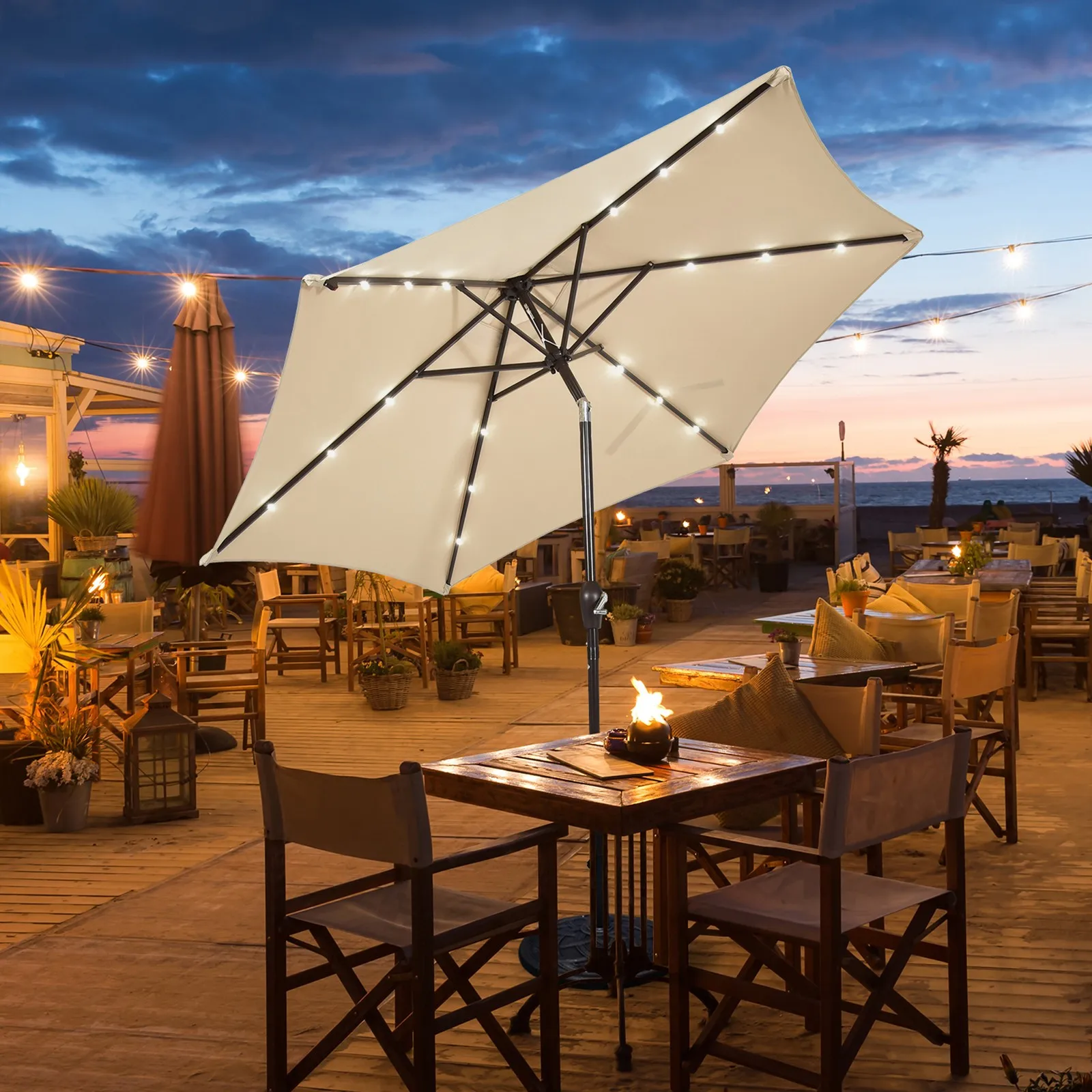 

9 ft Patio Table Market Umbrella Yard Outdoor w/ Solar LED Lights Beige