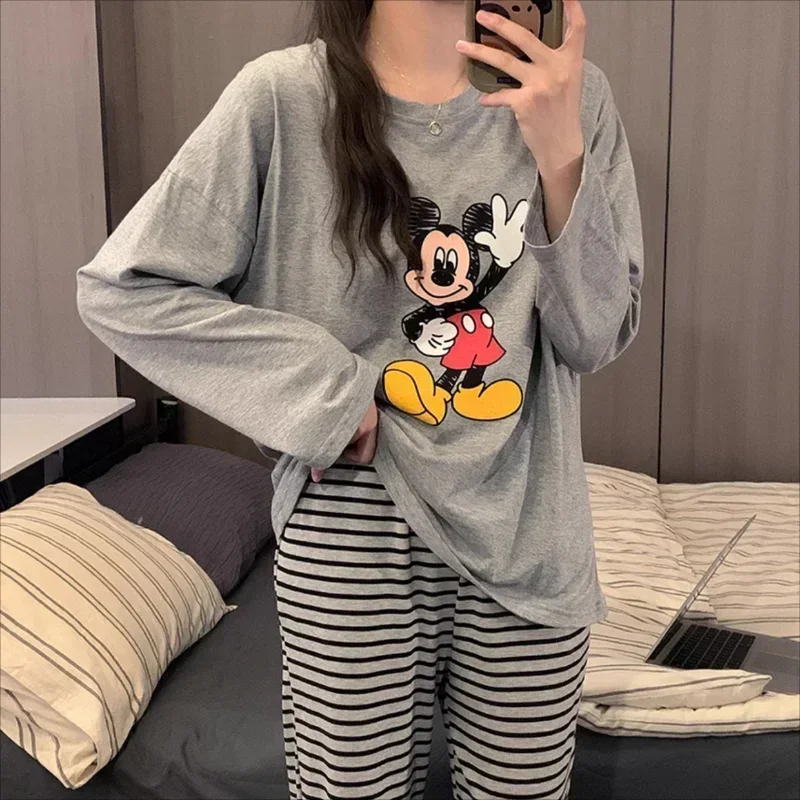 Disney Mickey pigiama autunno puro cotone cartone animato pantaloni a maniche lunghe casual due pezzi set pigiama da donna loungewear set