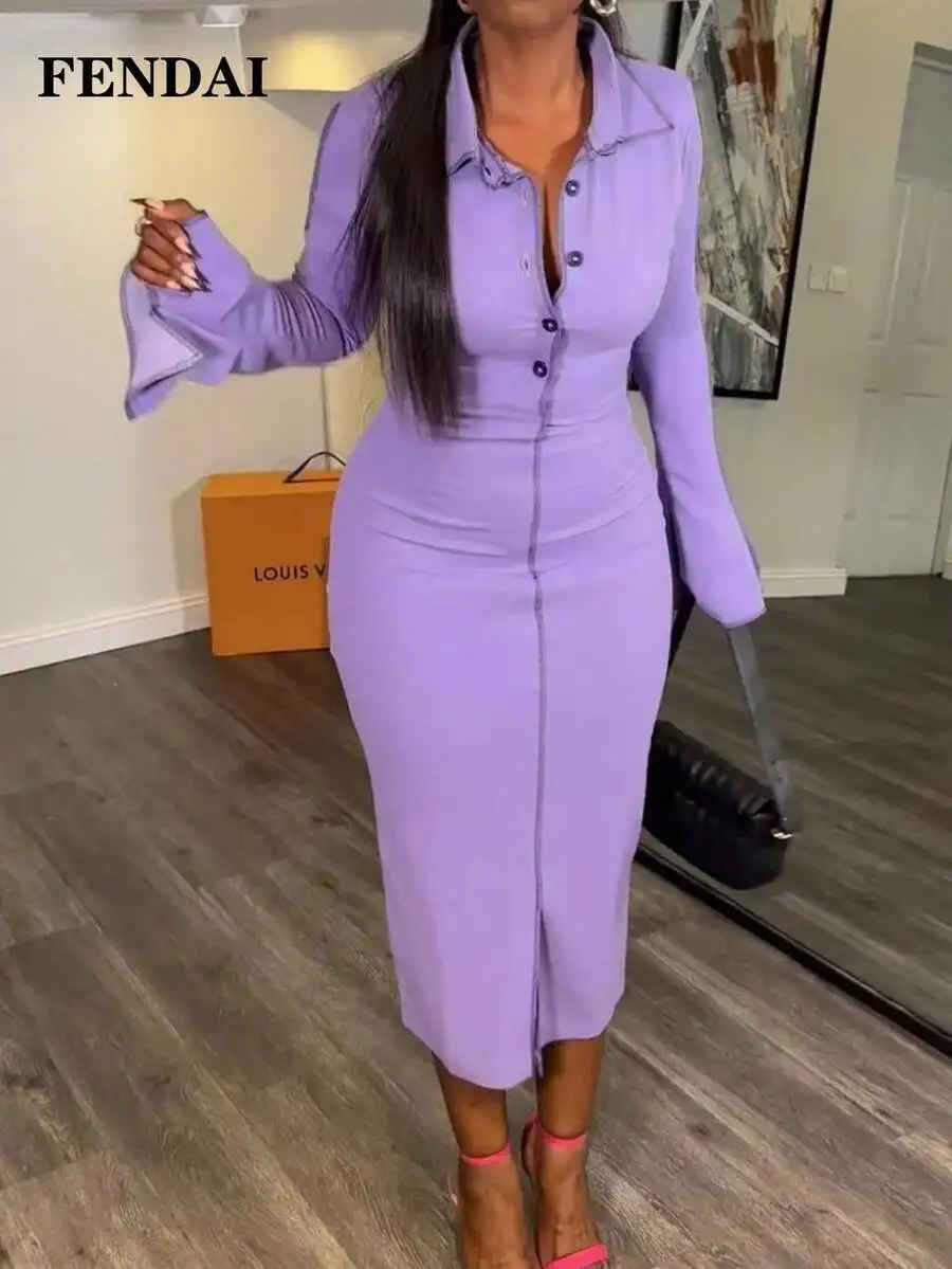 

Purple Knit Button-Front Midi Dress with Flared Cuffs and Front Slit