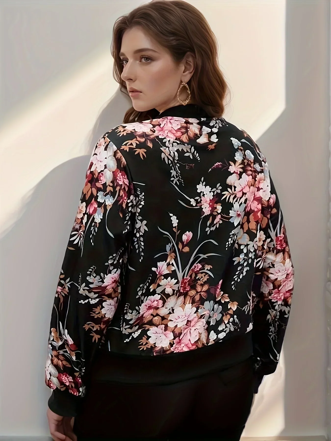 Plus Size Color Block Floral Print Bomber Jacket, Casual Crop Zipper Front Long Sleeve, Odzież damska Plus Size