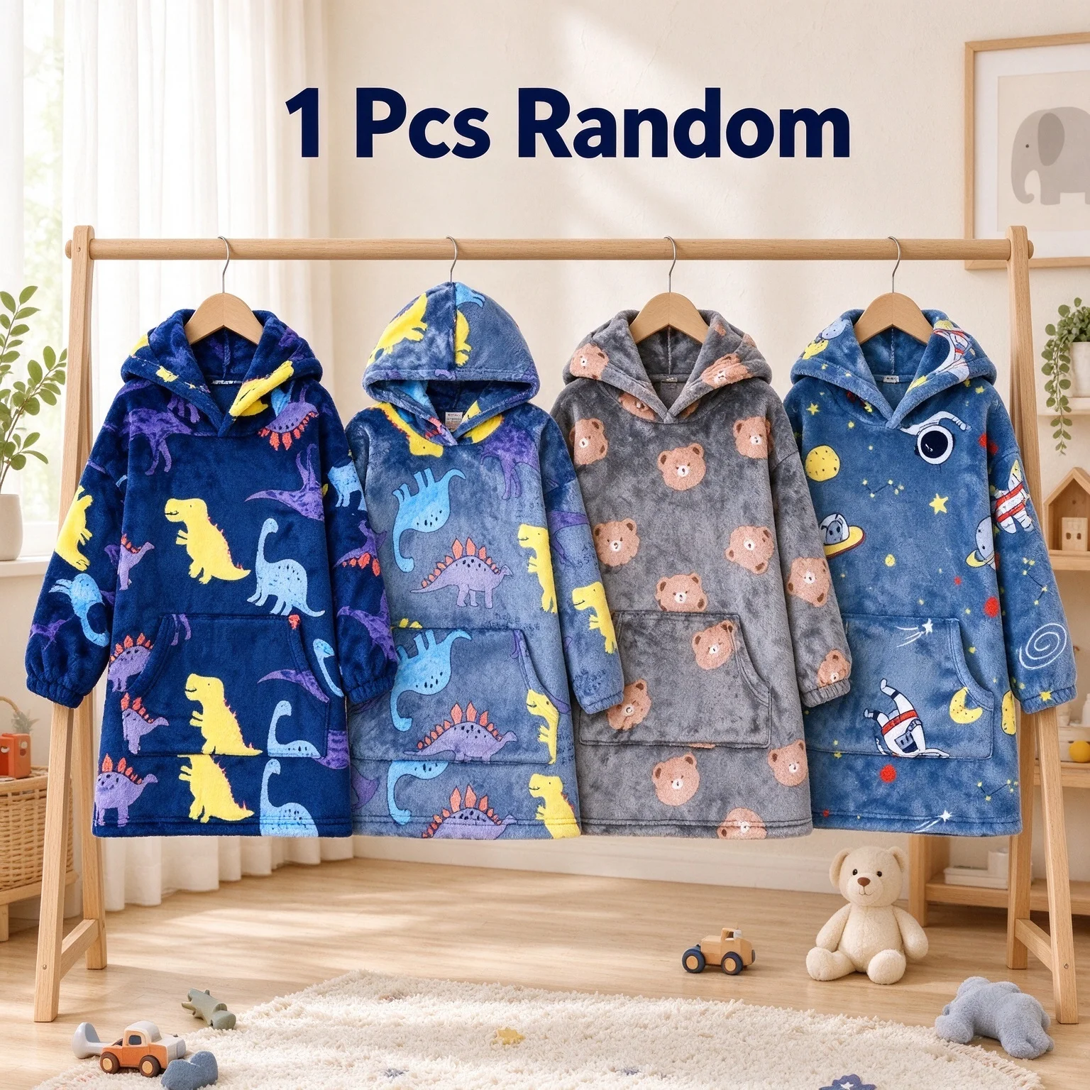 Boy  Flannel Pajamas Robe Autumn and Winter Children Sleepwear Soft Hooded Kids Homewear Pick one at random 4-7 Years