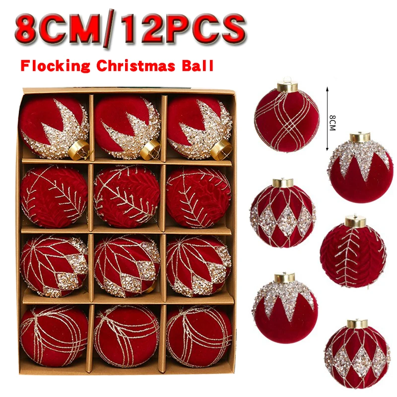 12 Stück 8 cm Beflockung Weihnachtskugeln Weihnachten dekorative hängende Ornamente Weihnachtskugeln Anhänger 2025 Neu