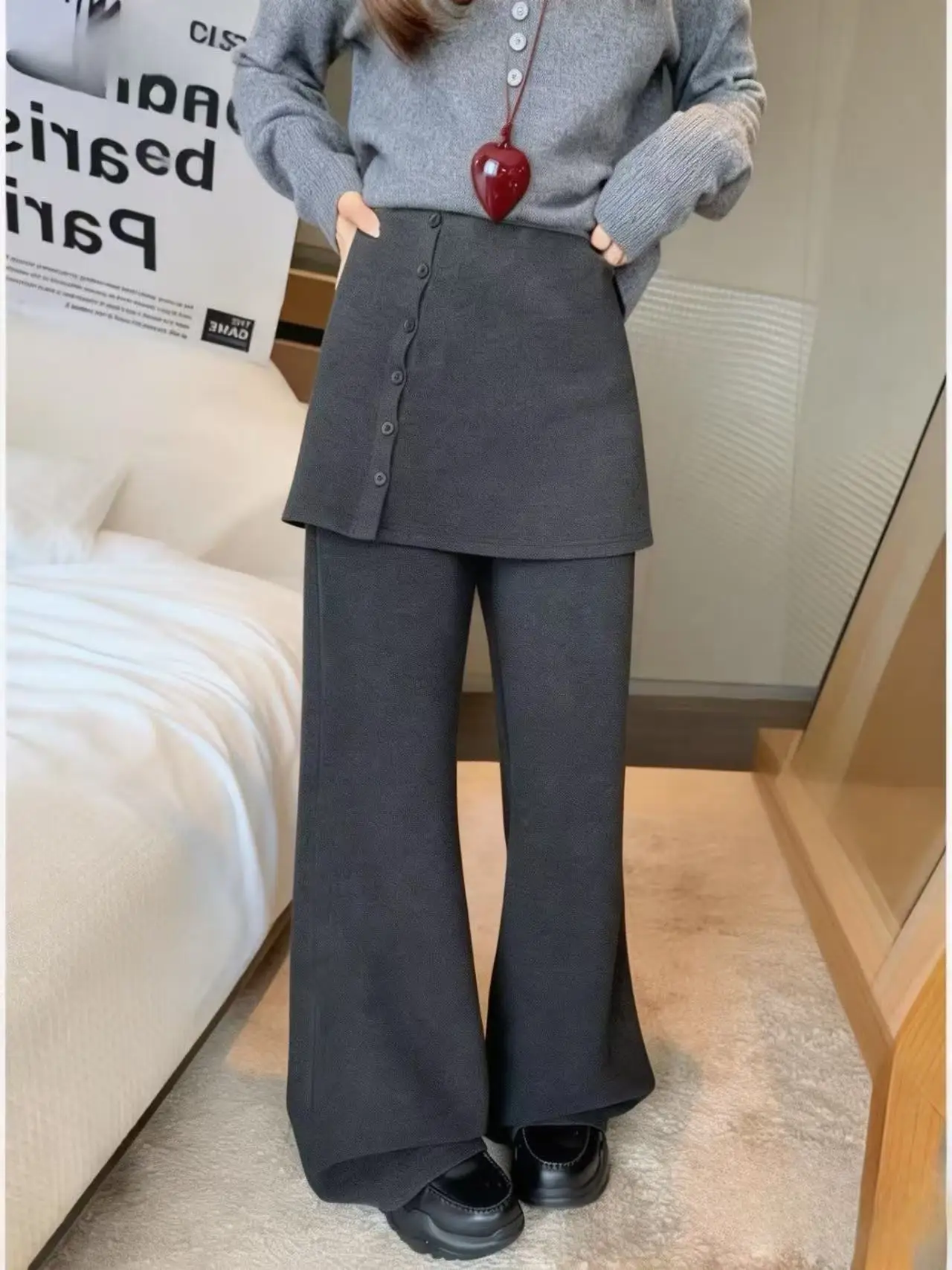 High Waist Fake Two-Piece Casual Pants Women Loose Slim Straight Leg Korean Sle Commute Simple Pure Color Elastic Waist