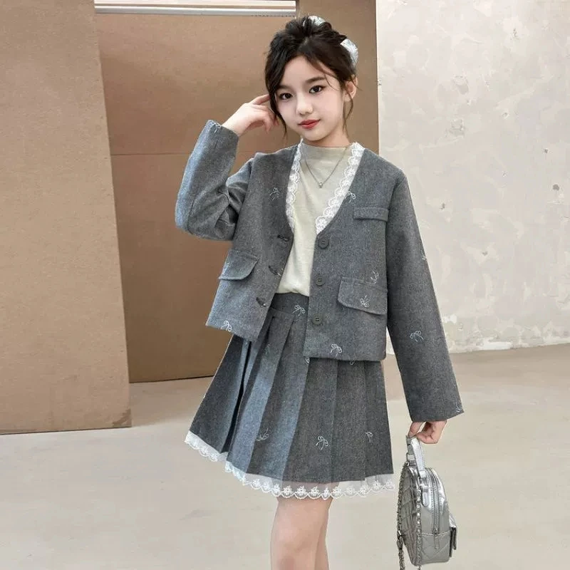 

Korean Children Clothing Girls Autumn Set 2025 New Children Stylish Lace College Style Coat Short Skirt Two Piece Set