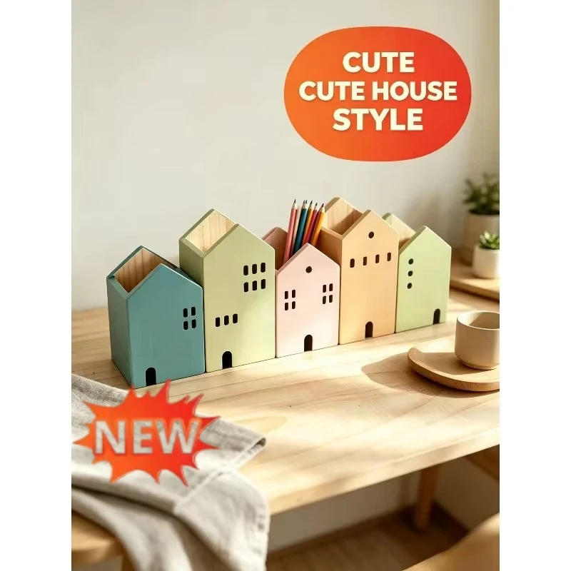 ute Wooden House Shaped Pen Holder, Multi-Purpose Desktop Organizer Storage Box for Pencils Makeup Brushes Student Desk Decor1pc