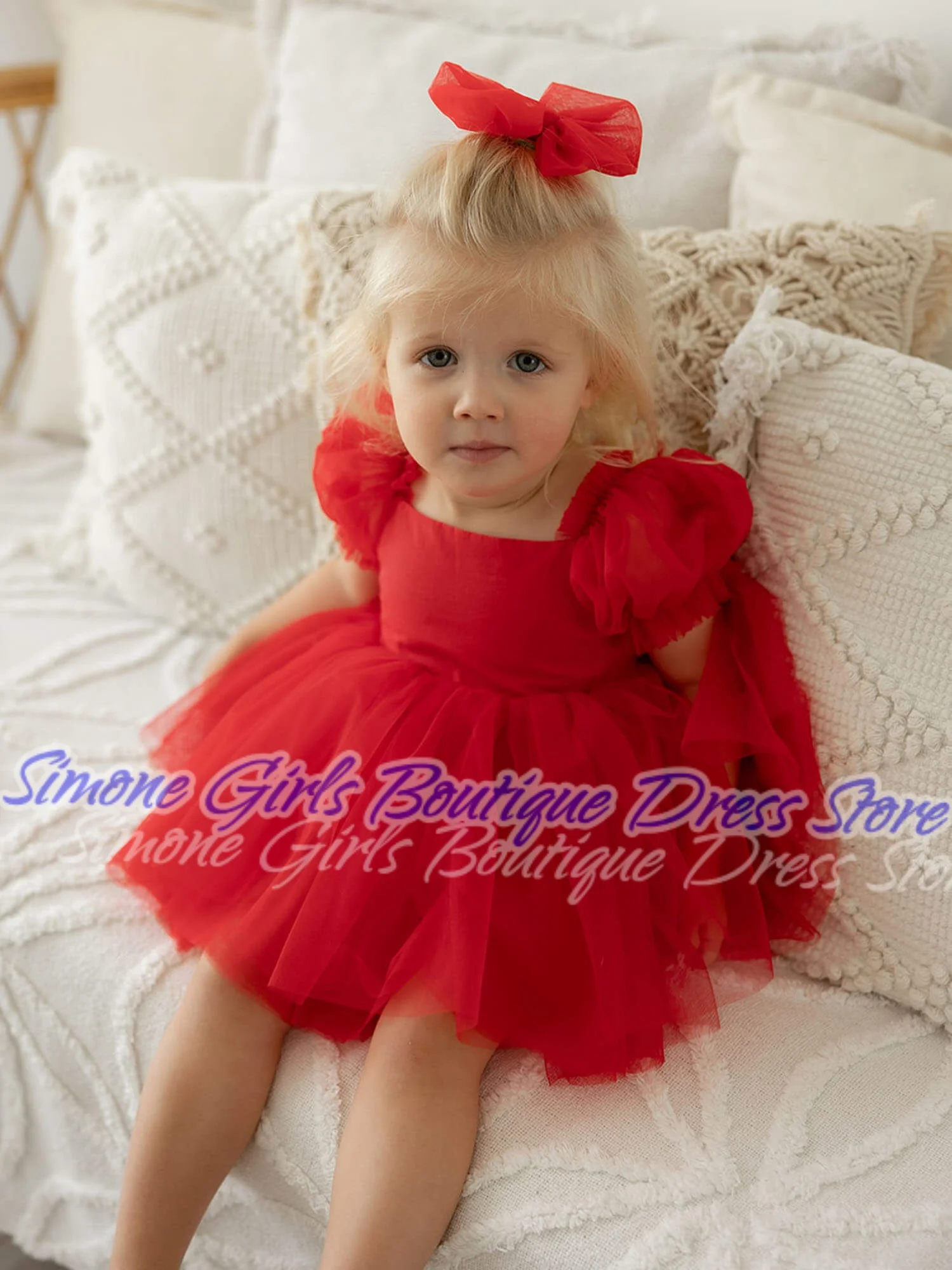 Backless Puff Sleeves Red Dress Flower Girl Dress for Wedding Ceremonies Holiday Celebrations Birthday Party Dance Performances