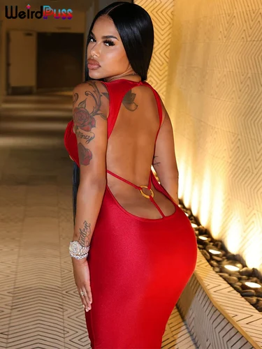 Vestido de fiesta Sexy con diseño de gato extraño para mujer, vestido elegante con cierre de anillo, Espalda descubierta, sin mangas, cuello bajo, Vestidos ceñidos para banquete de cumpleaños Rave