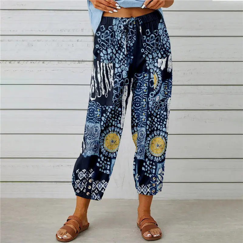 Dameskleding Retro Boho Print Katoenen Linnen Enkellange Harembroek Y 2K Zomer Casual Hoge Taille Trekkoord Broek Pantalones