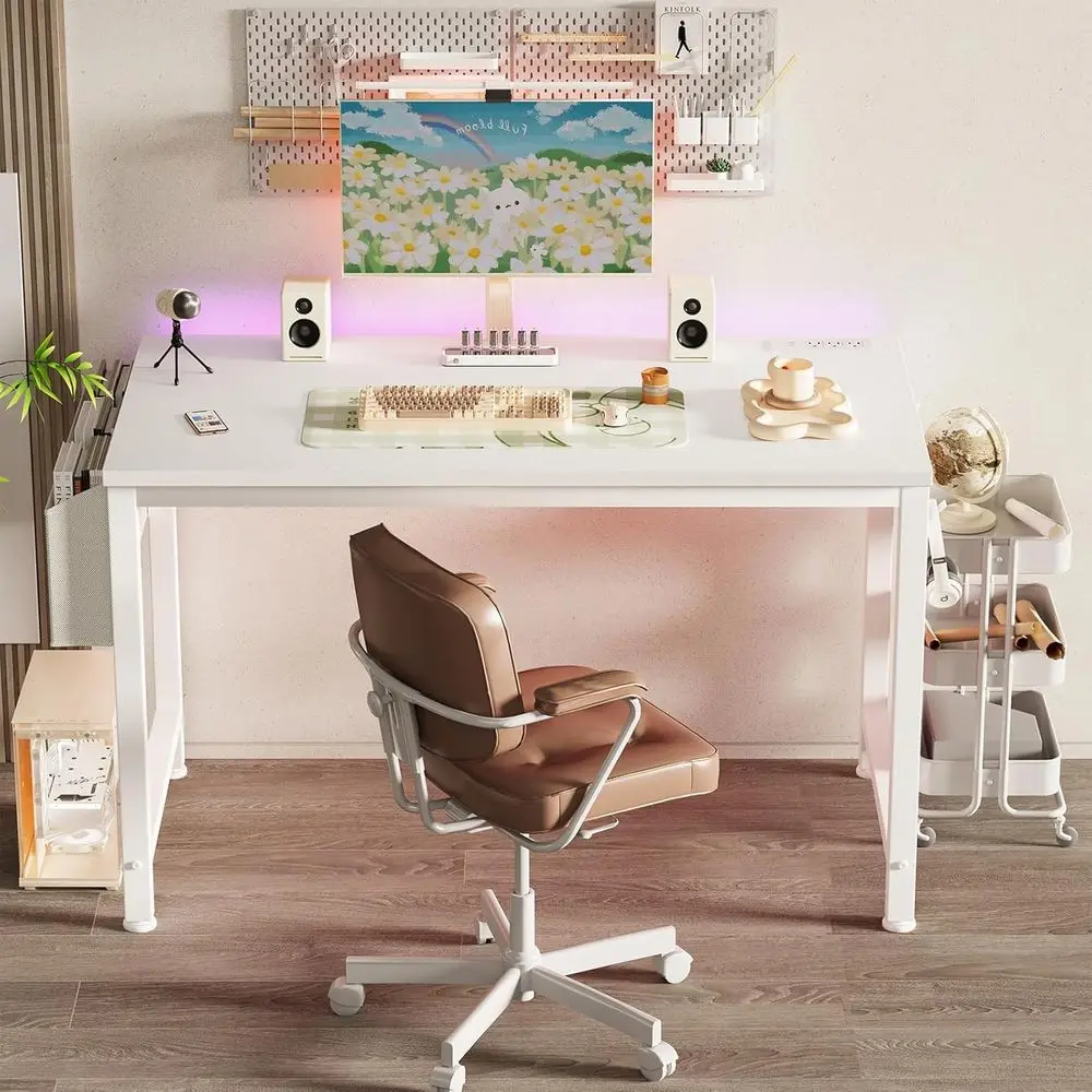 47 Inch White Study Desk with Built-in Power Outlets for Home Office, Gaming, and Charging