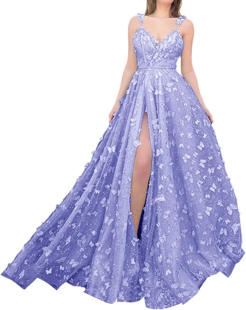 

Блестящие платья для выпускного вечера для подростков 2024, тюлевые бретельки с 3D бабочками, длинные платья с разрезом и открытой спиной, вечерние платья