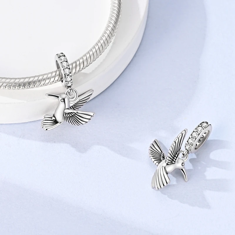 026 New 925 Sterling Silver Hummingbird Charms Beads CZ Zircon Dangle Fit 3mm Original Bracelet DIY Women Jewelry