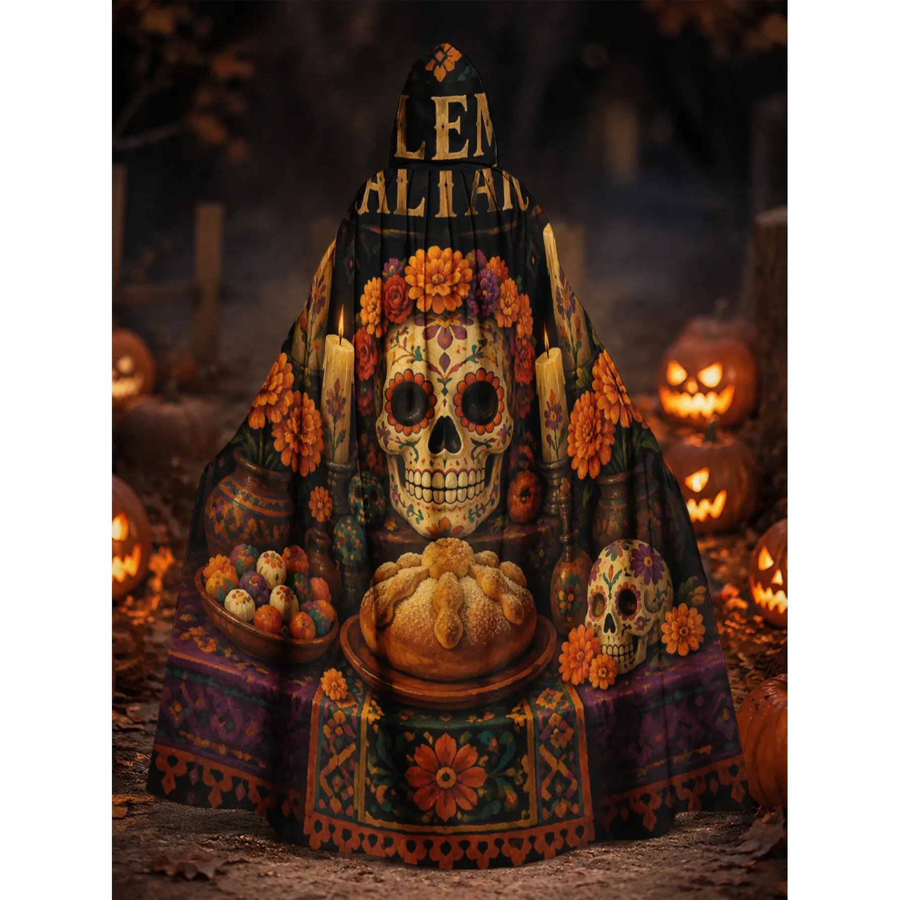 Day Of The Dead Altar Print Hooded Cloak, Versatile Costume for Halloween, Renaissance, Themed Events, 1pc