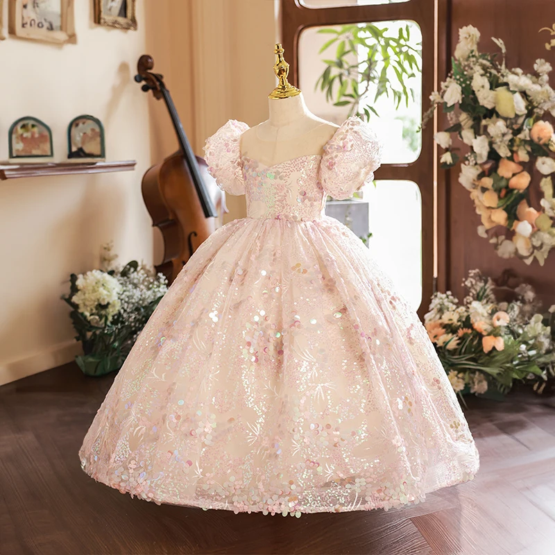 Flower Girl Champagne Pink Dresses for Wedding Bridesmaid Kids Formal Luxury Birthday Party Sequin Dress Long Evening Gown Child