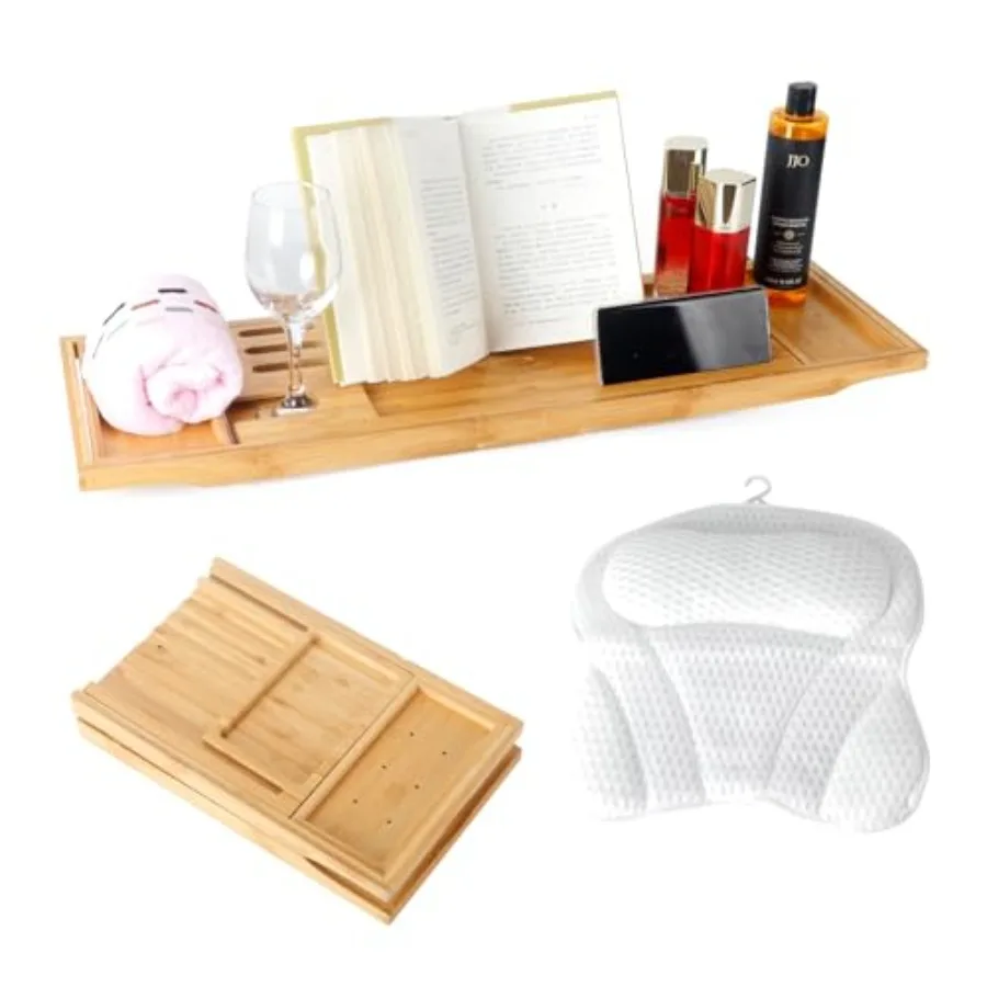 

Bathtub Tray Table and Bath Pillow Expandable and Foldable Bath Caddy Tray for Tub Luxury Bathtub Accessories