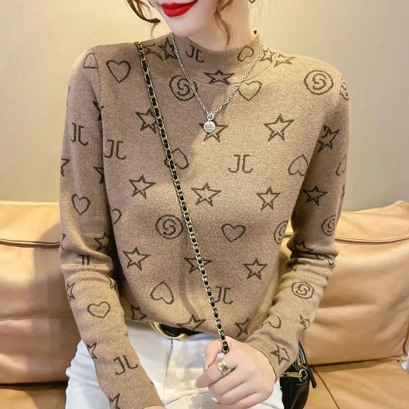 Korean Fashion Autumn Sweaters Women's Mock Neck Letter Jacquard Weave Simplicity All-match Long Sleeve Pullovers Knitted Tops