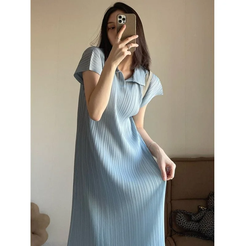 Vestido de Talla ande con Cuello  para Mujer, Falda Midi Hoada, Pada, Estilo Coreano, Moda Casual, Primavera, Vera...