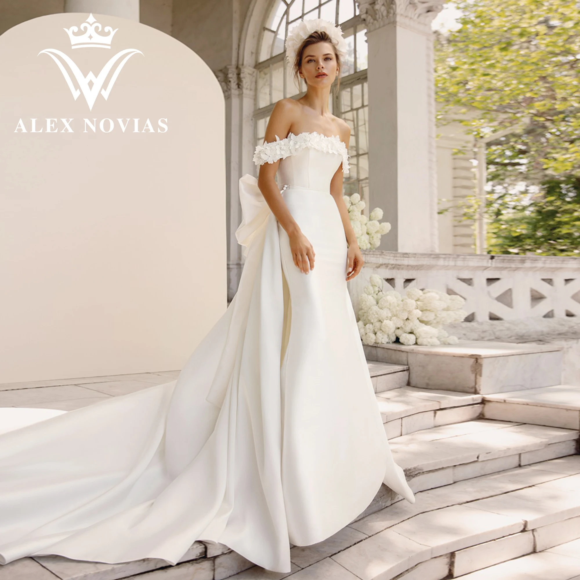 

ALEX NOVIAS Mermaid Satin Wedding Dress 2023 Romantic Boat Neck Flowers Detachable Train Wedding Gown Vestidos Novias De Saten