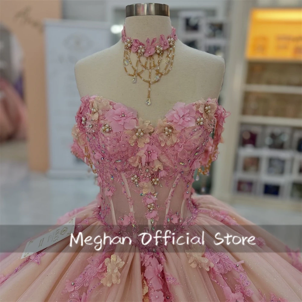 وردي قبالة الكتف القوس Quinceanera فساتين الكرة ثوب حبة يزين عيد ميلاد فستان فاخر 3D زهرة ثوب الأميرة حسب الطلب