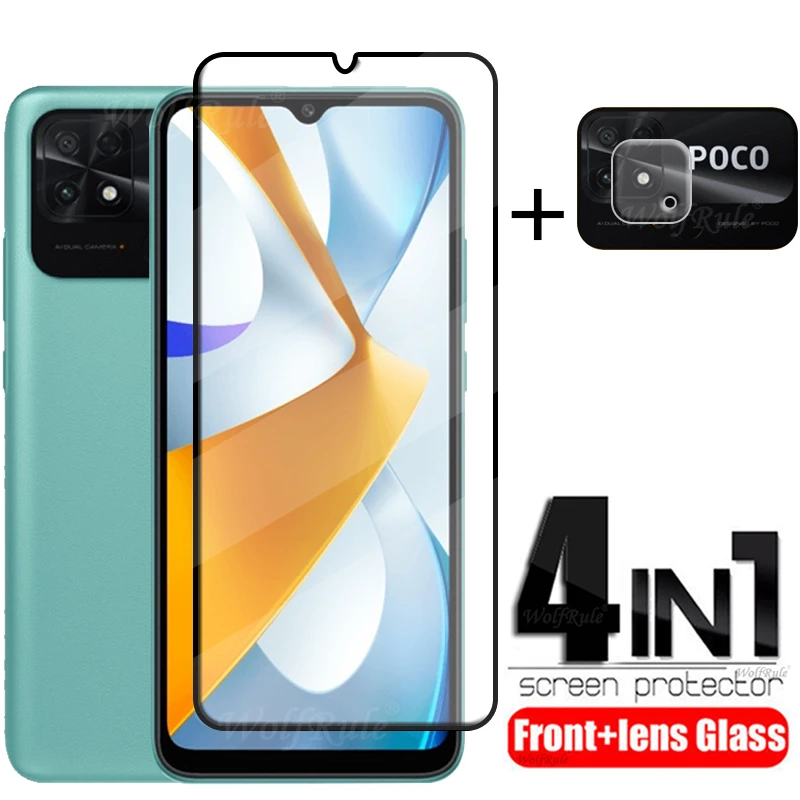 4-in-1 For POCO C40 Glass For Xiaomi POCO C40 Tempered Glass HD 9H Full Cover Glue Screen Protector For POCO C 40 C40 Lens Glass