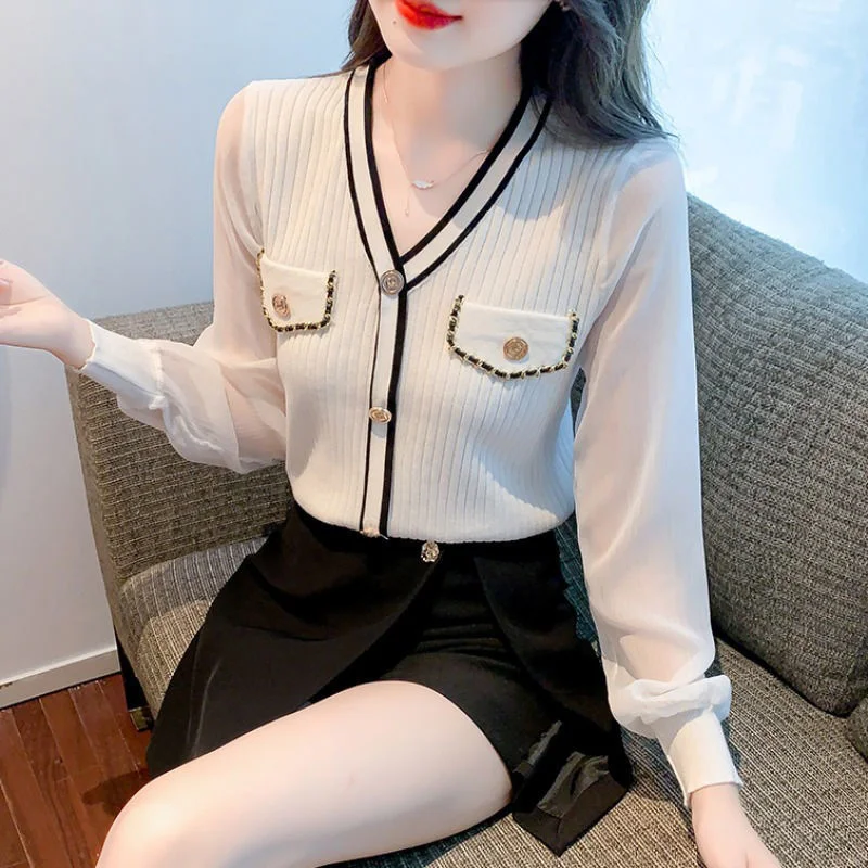 

V-neck Knitting Base Women's Chiffon Splicing Long Blusas Clothes for Women Shirts Blouse