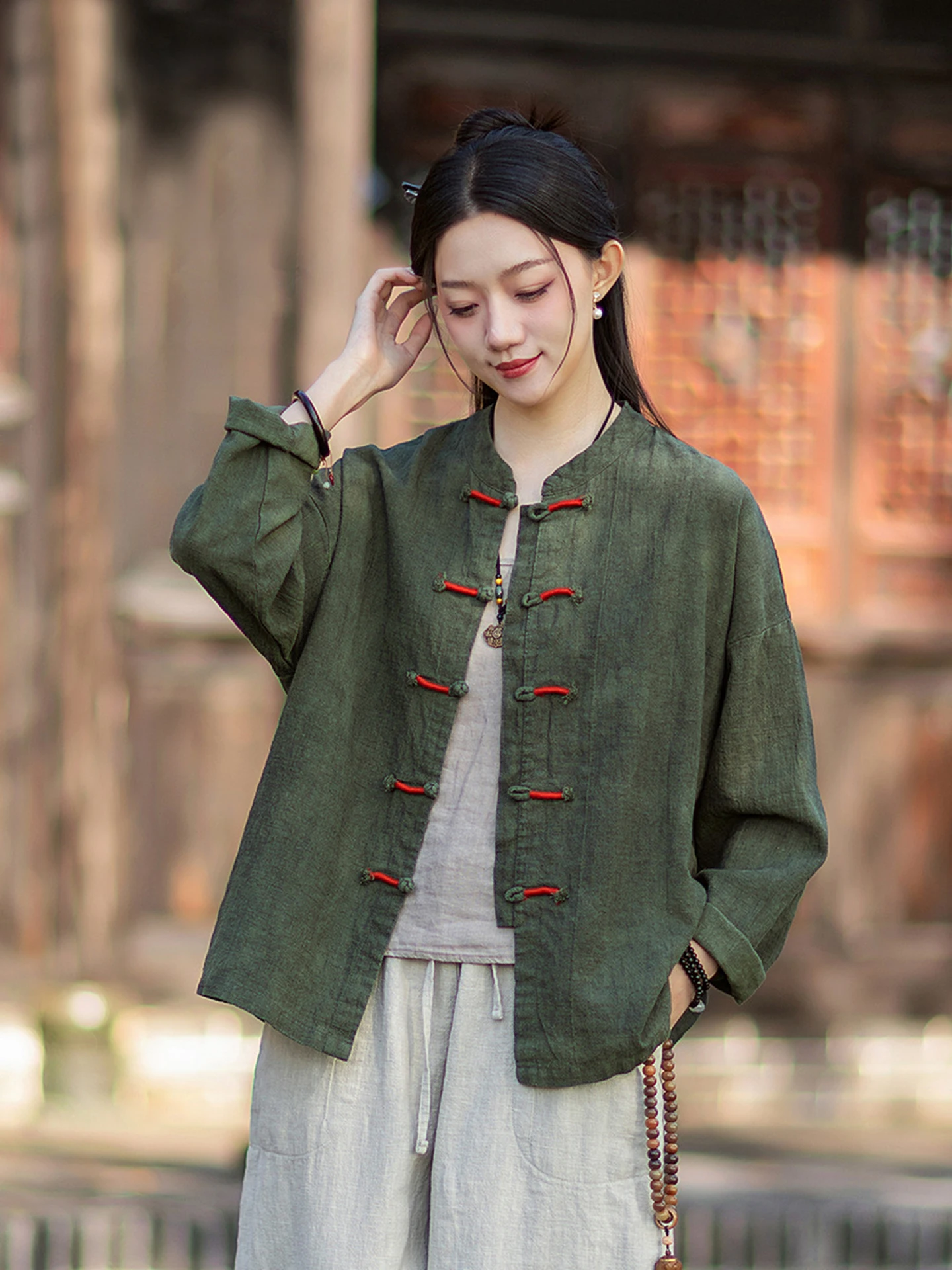 Retro Chinese Style Women's Cotton Linen Open Cardigan Tea Leaf Coat Spring Autumn Loose Fit Breathable Long Sleeve Jacket