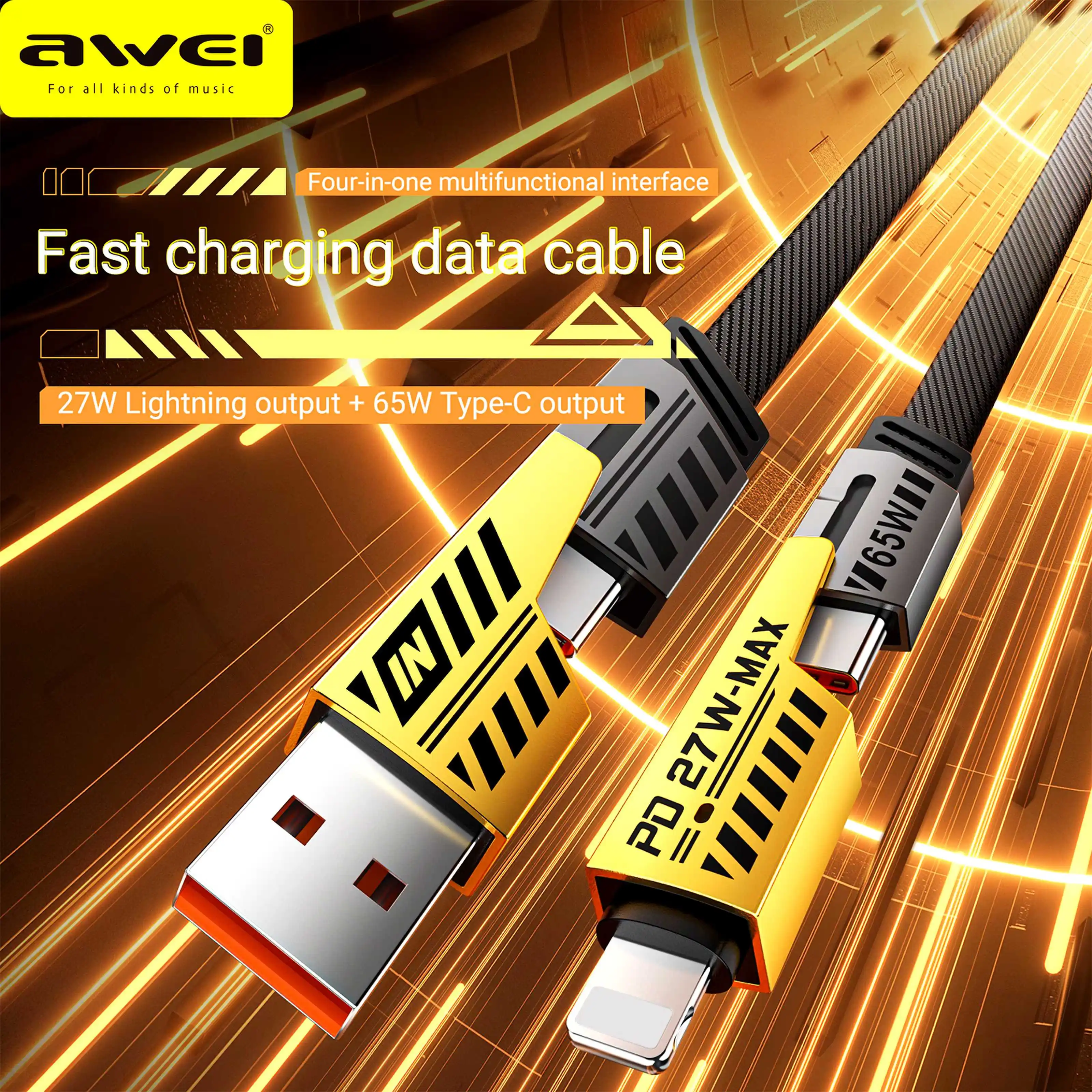 Awei Four-in-one Ultra-fast Charge PD27W Dual-charge C65w Multi-function Fast Charge Cable Suitable for Apple 15 Xiaomi Samsung