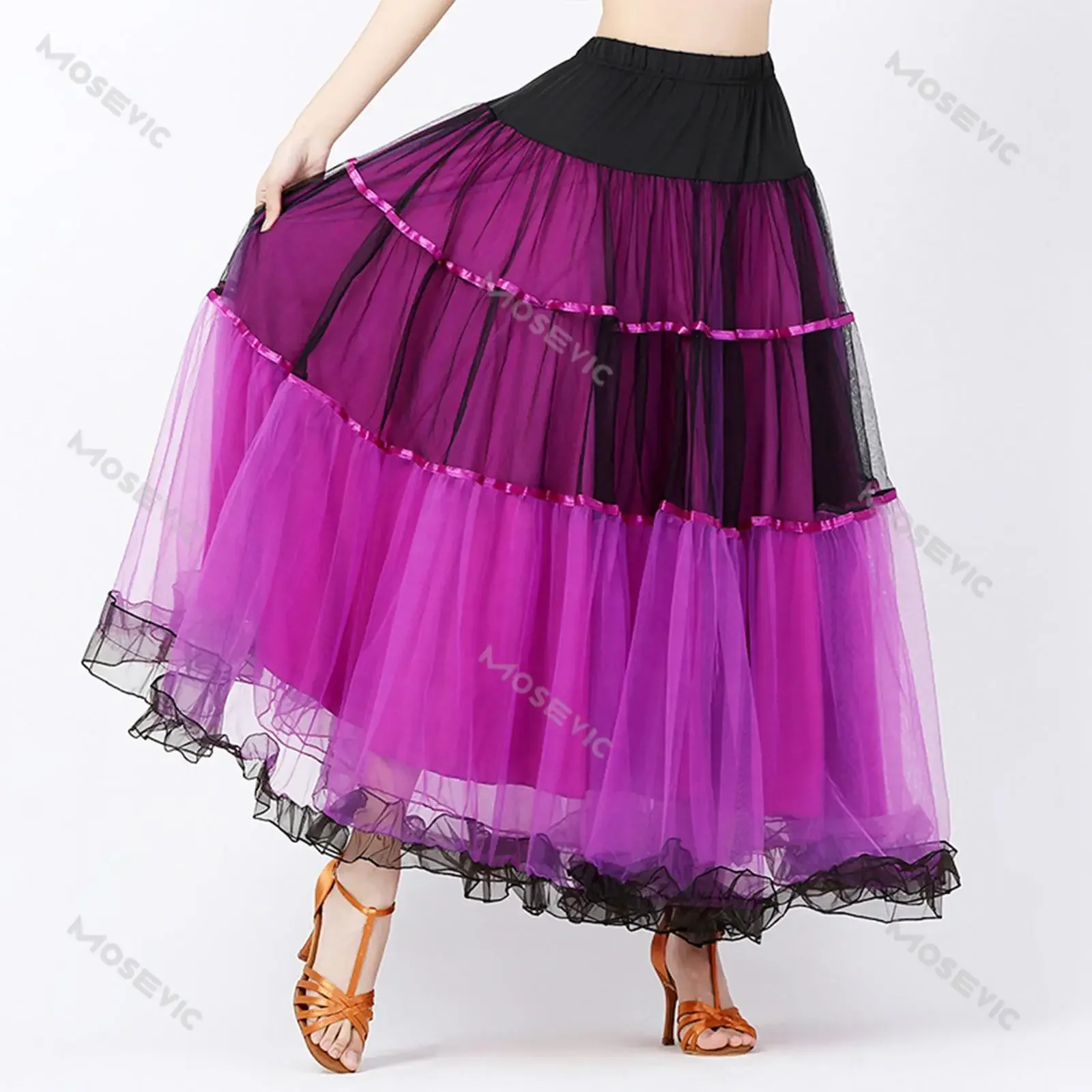 Falda de baile de salón para mujer, traje de Flamenco, Vals, cintura elástica, columpio grande, Ropa de baile para adultos, accesorios de disfraz de danza del vientre