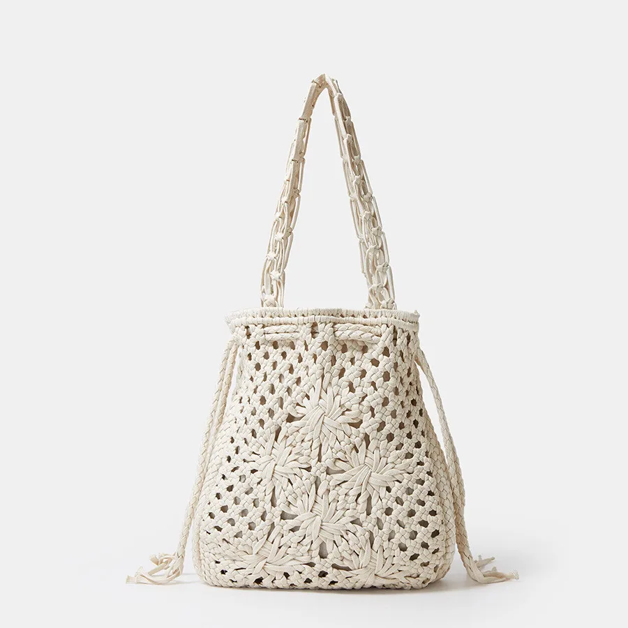 Casual Cotton Woven Crossbody Shoulder Bags Women Drawstring Crochet Summer Beach Bucket Handbags Ladies Knitted Shopper Totes