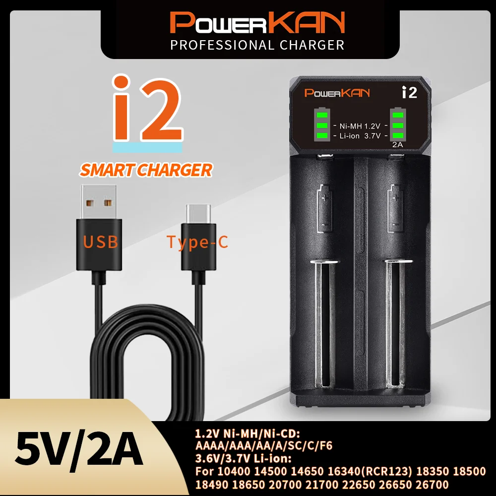 POWERKAN i2 Battery Charger with LED Display for 2 3.7V Li-Ion Batteries and 1.2V Ni-MH Cd AA AAA No.5 No.7 Rechargeable Battery