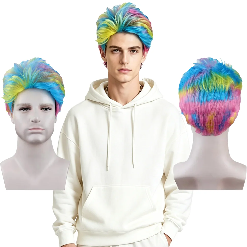 Peluca de arcoíris para hombre, peluca corta y rizada, pelo sintético multicolor resistente al calor para carnaval, Halloween, Cosplay, uso diario