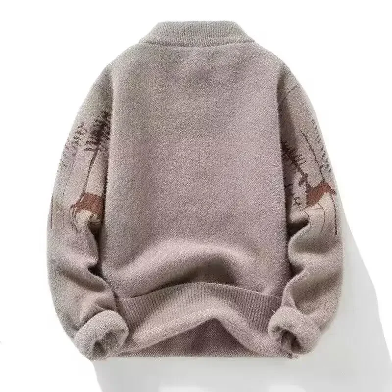 Korean Men's Christmas Print Sweaters Velvet Thickening New Bottoming Shirt Casual Harajuku High Quality O-neck Pullover Sweater