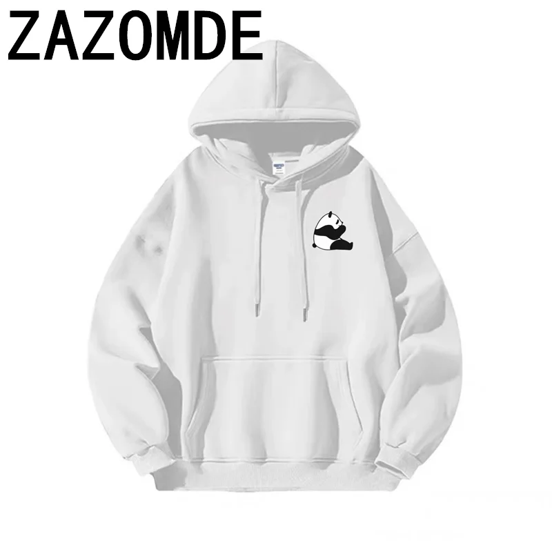 ZAZOMDE Simple Cartoon Panda Hoodie Women Men Tops Kawaii Printed Harajuku Cotton Sweatshirt Female Unisex Clothes Couple Hoody