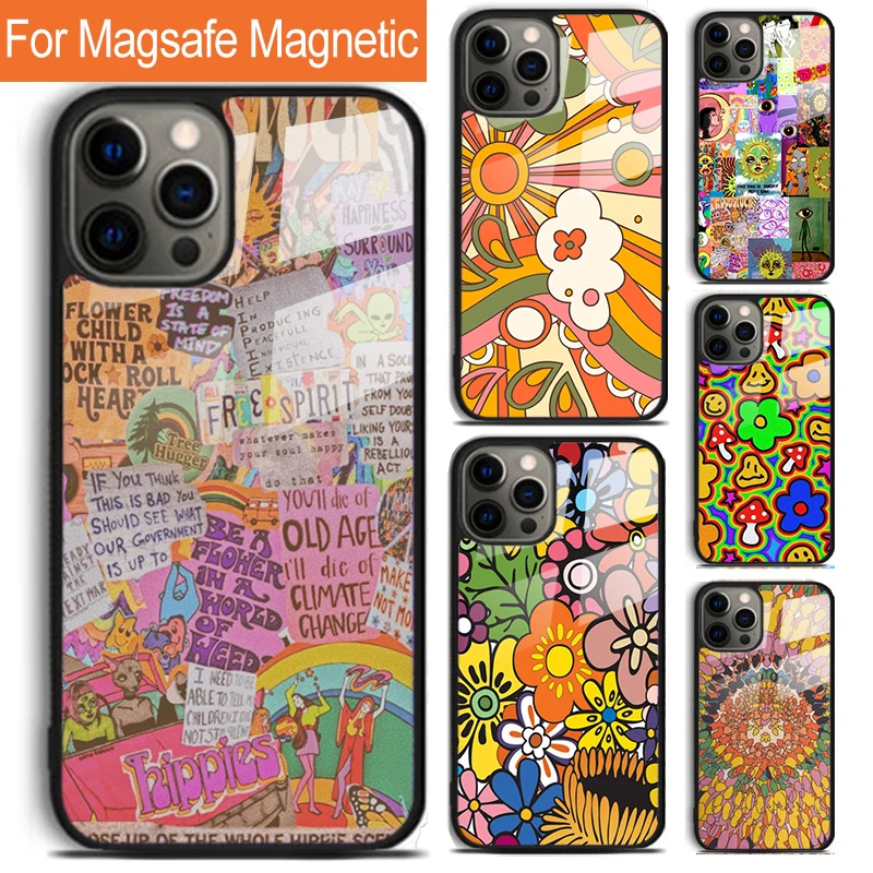 70s hippie Psychedelic floral flowers Phone Case For iPhone 16 15 14 13 12 Pro Max Plus Magsafe Magnetic Wireless Charging Cover