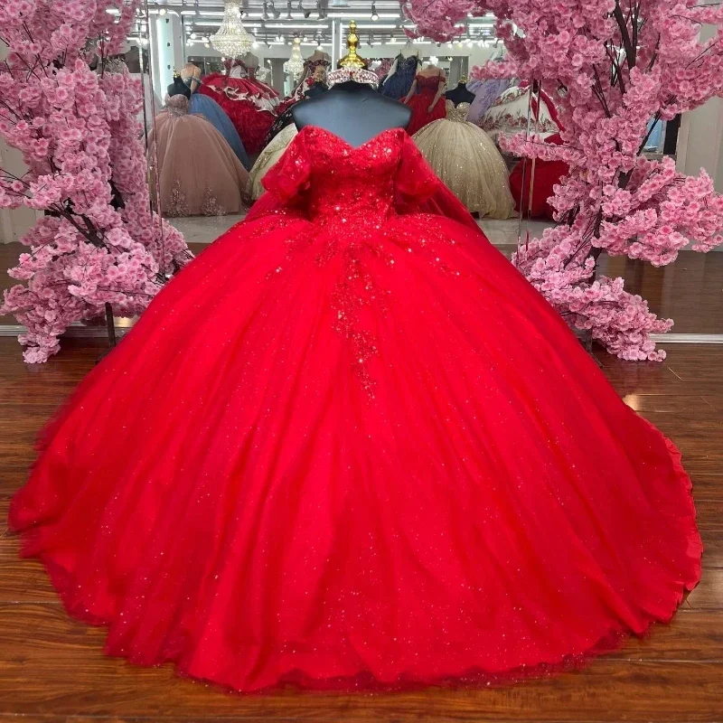 ANGELSBRIDEP 2025 Shiny Red Ball Gown Quinceanera Dresses With Lace Bow Appliques Evening Party Dress Vestido De 15 Años