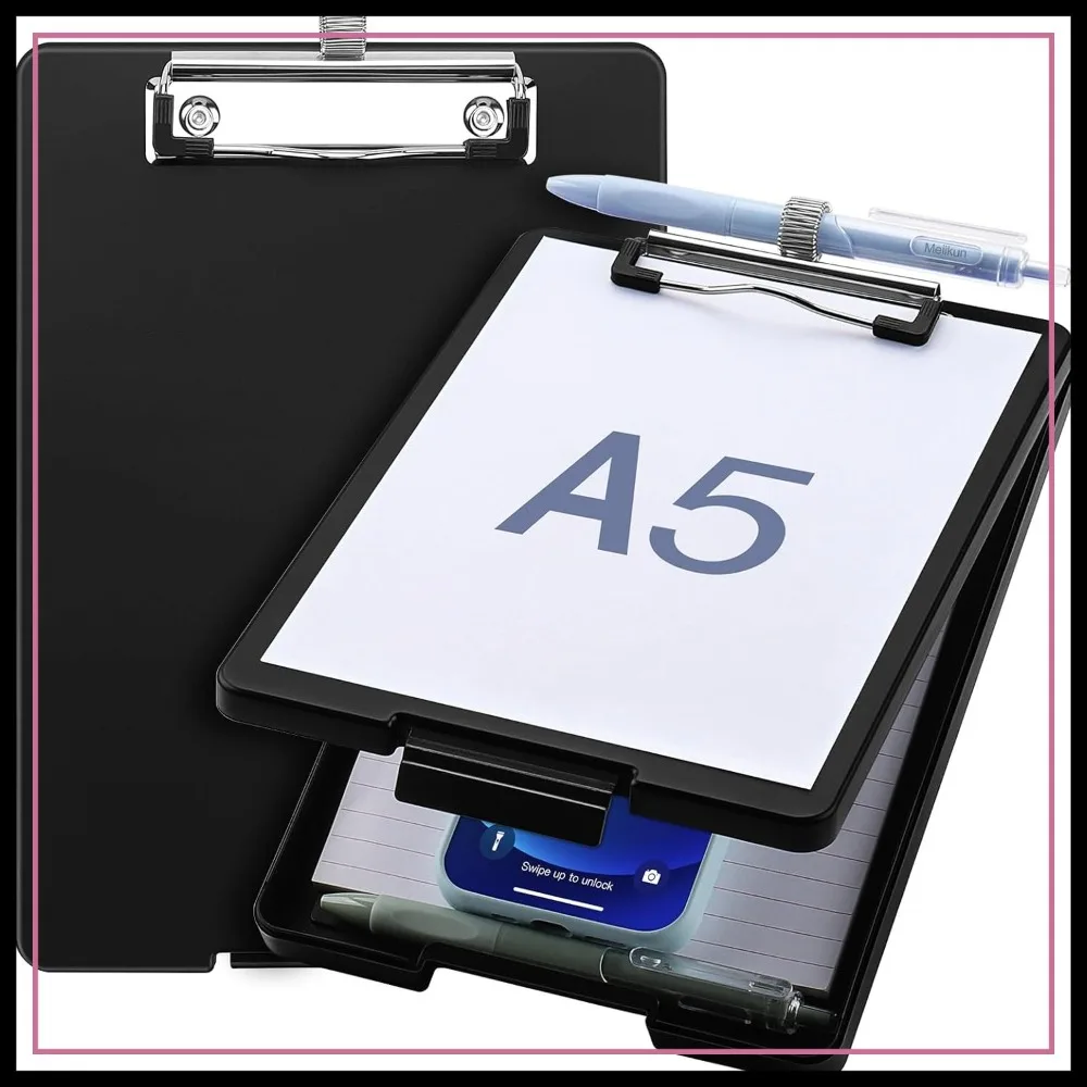 

A5 Clipboard with Storage & Pen Holder, Half Letter Mini Clipboard, Low Profile Clip, Black