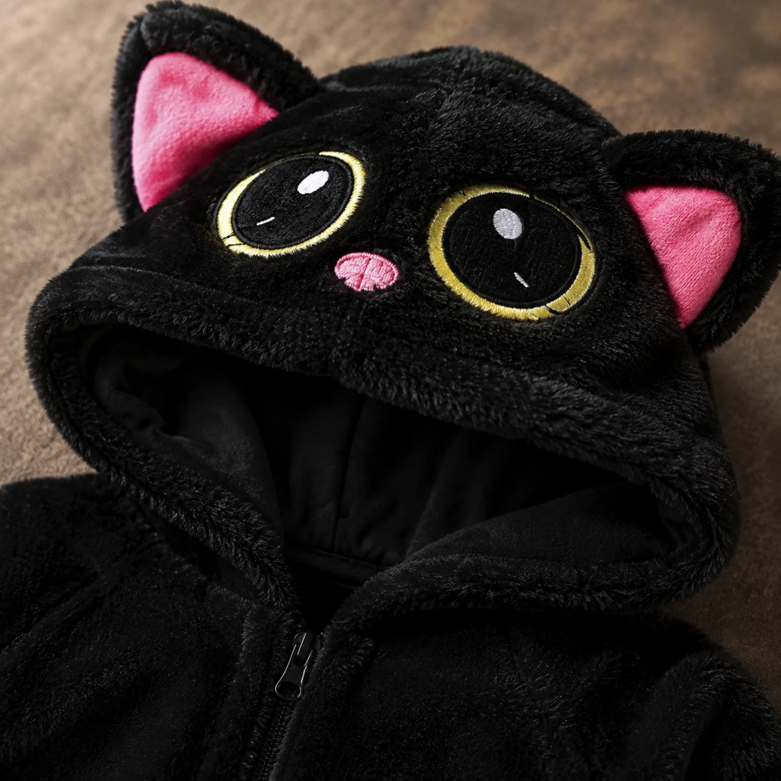 Soft Cat Costume Jumpsuit Elastic Cuffs Hooded Cat Costume with Ears Front-Zip Hooded Jumpsuit Soft Loose Fit for Children