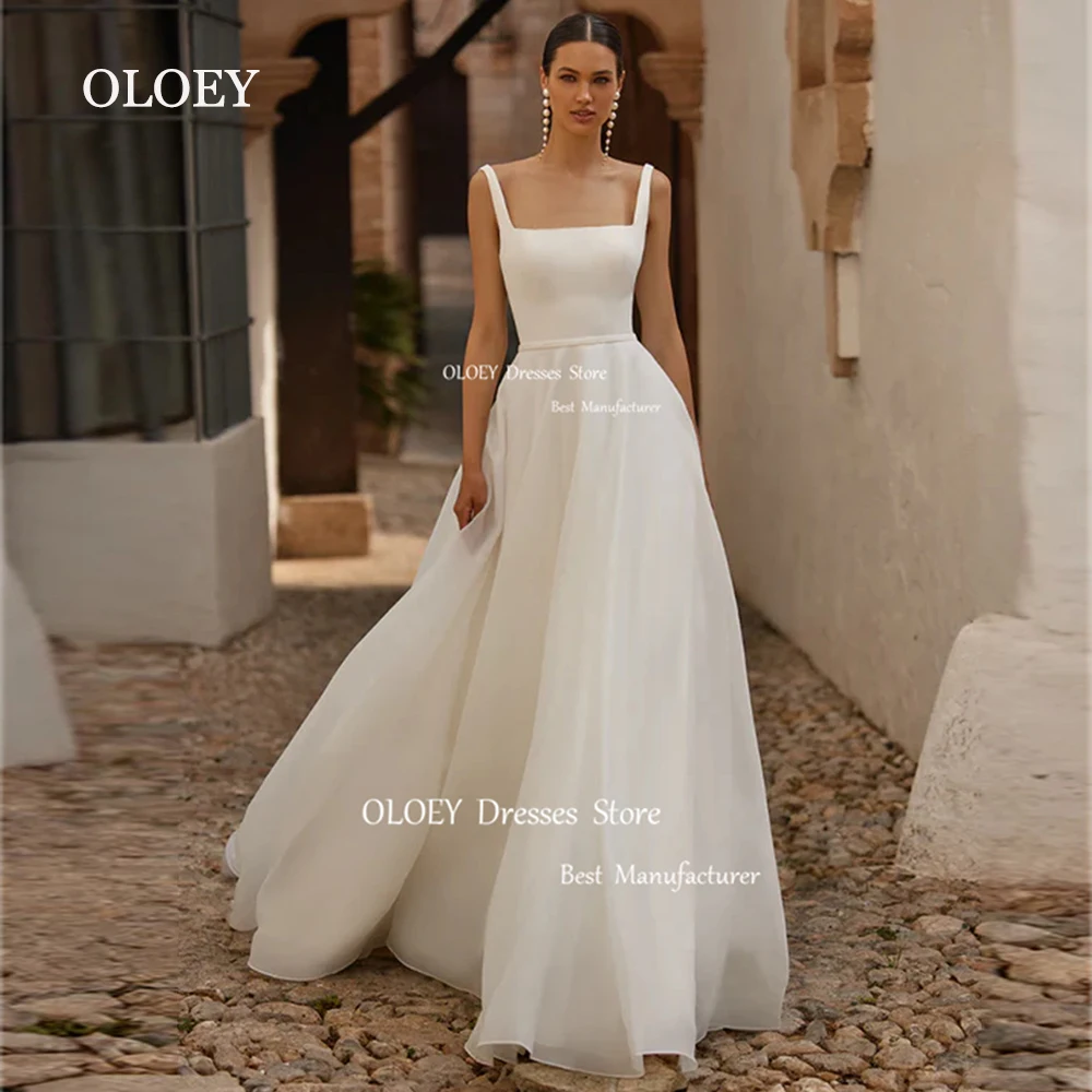 OLOEY Elegant Square Collar Wedding Dress Sleeveless Silky Organza Bridal Gown Floor Length Train Custom Made Zip Button Back