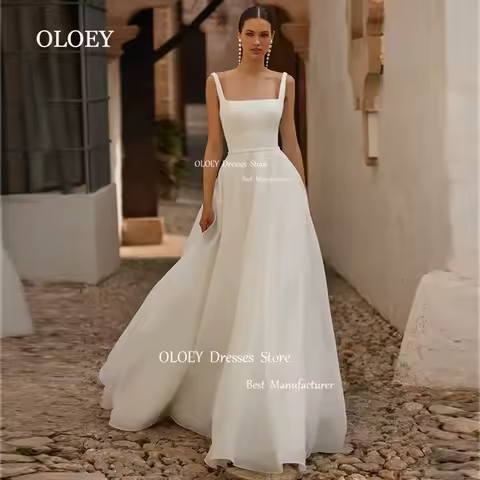 OLOEY 우아한 스퀘어 칼라 웨딩 원피스 민소매 실키 오간자 신부 가운, 바닥 길이 트레인 맞춤형 지퍼 단추 백