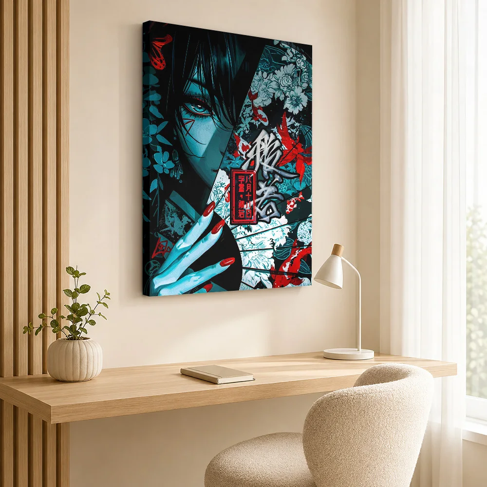 Geisha with Fan Digital Art Framed Canvas Print Poster Personalized Japanese Inspired Canvas Wall Art for Office Hallway Decor