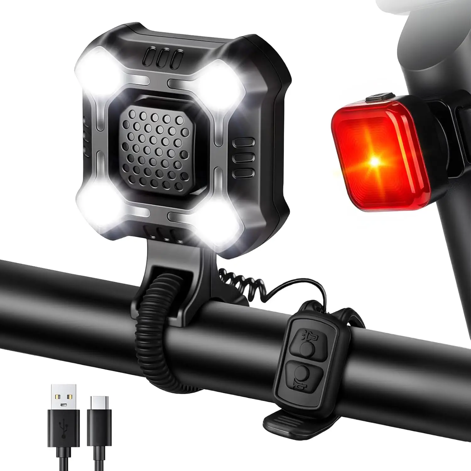 

140dB Bike Horn with Front and Rear Light, 2-in-1 Bicycle Bell Control Switch LED Light, Rechargeable Waterproof, 8+5 Modes Headlight and Tail Light for Daily Commute, Adults Kids Bike Scooter Ebike