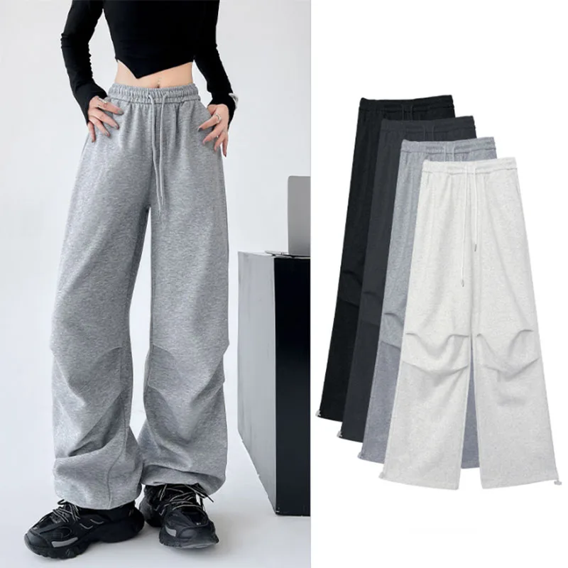

Women's Fashion Drawstring High Waist Wide Leg Trousers Solid Color Casual Baggy Joggers Sweatpants Lady Hip Hop Oversized Pants