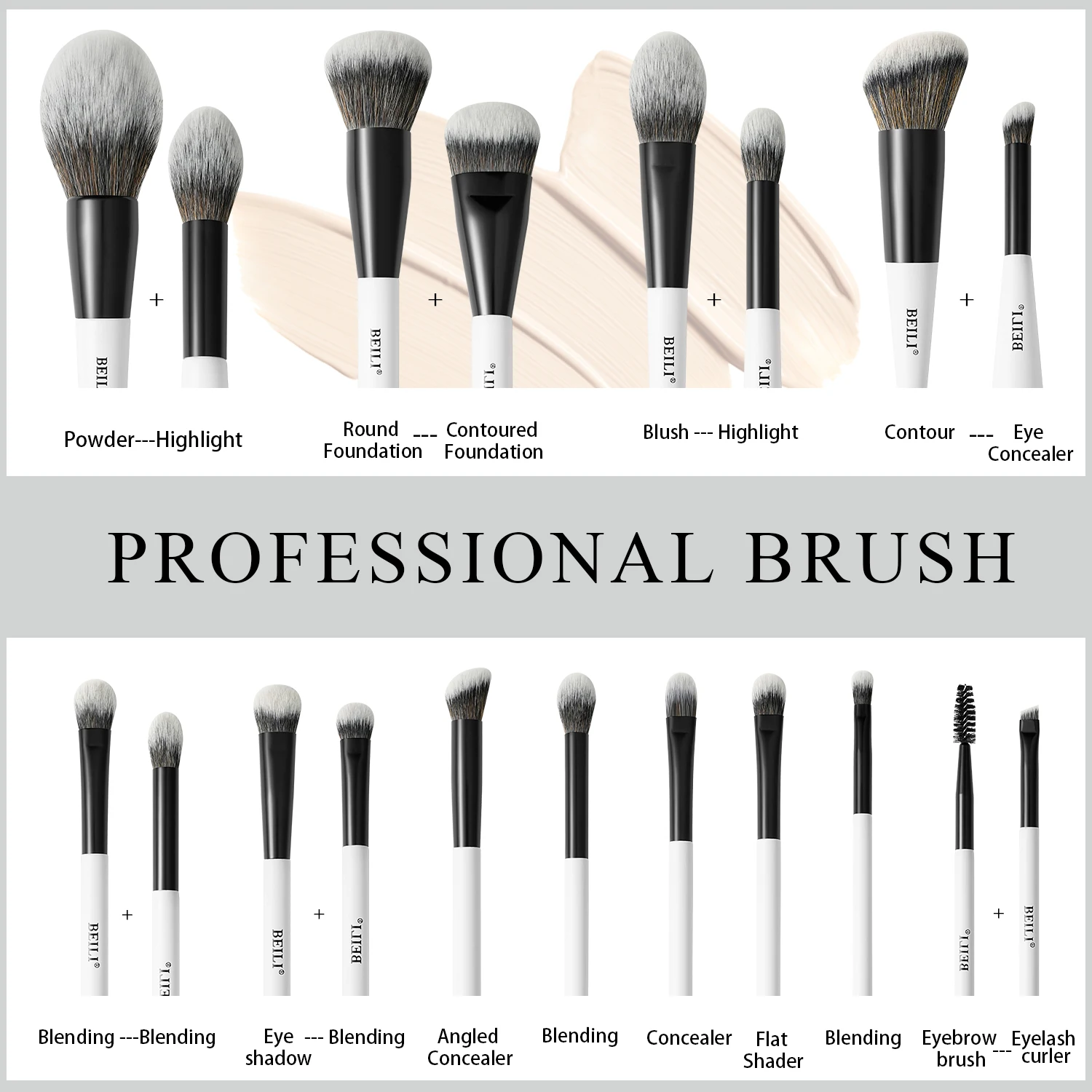 Set di pennelli per trucco a doppia estremità BEILI, professionale, 12 pezzi, vegano, per contouring, fondotinta, cipria, sopracciglia e bronzer. Kit cosmetico._voghion.com