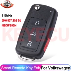 KEYECU MQB 5K0837202BJ For VW VolksWagen Jetta Passat 2017 2018 NBGFS93N 5K0 837 202 BJ 315MHz Megamos AES Chip Remote Key Fob